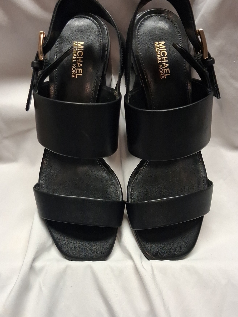 Michael Kors Black Leather Double-Strap Sandals with Gold Buckle